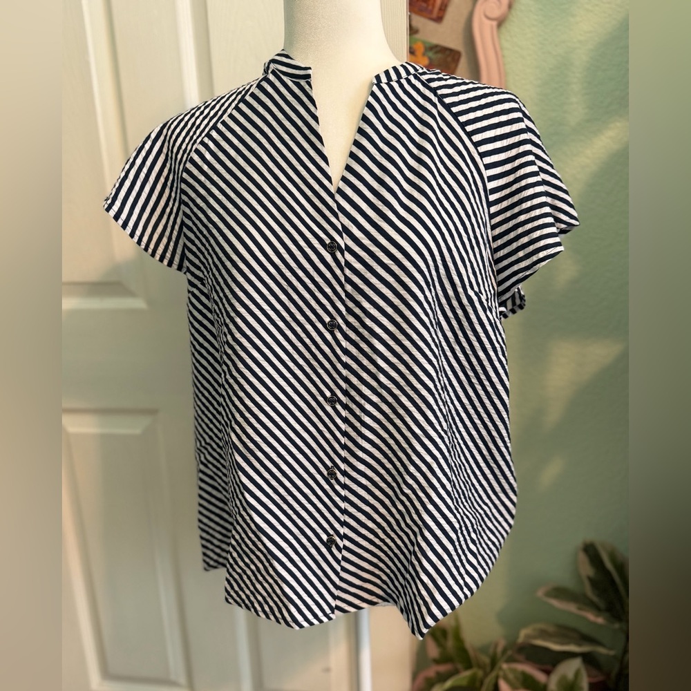 Liz Claiborne Navy and White Diagonal Stripe Button-Down Top